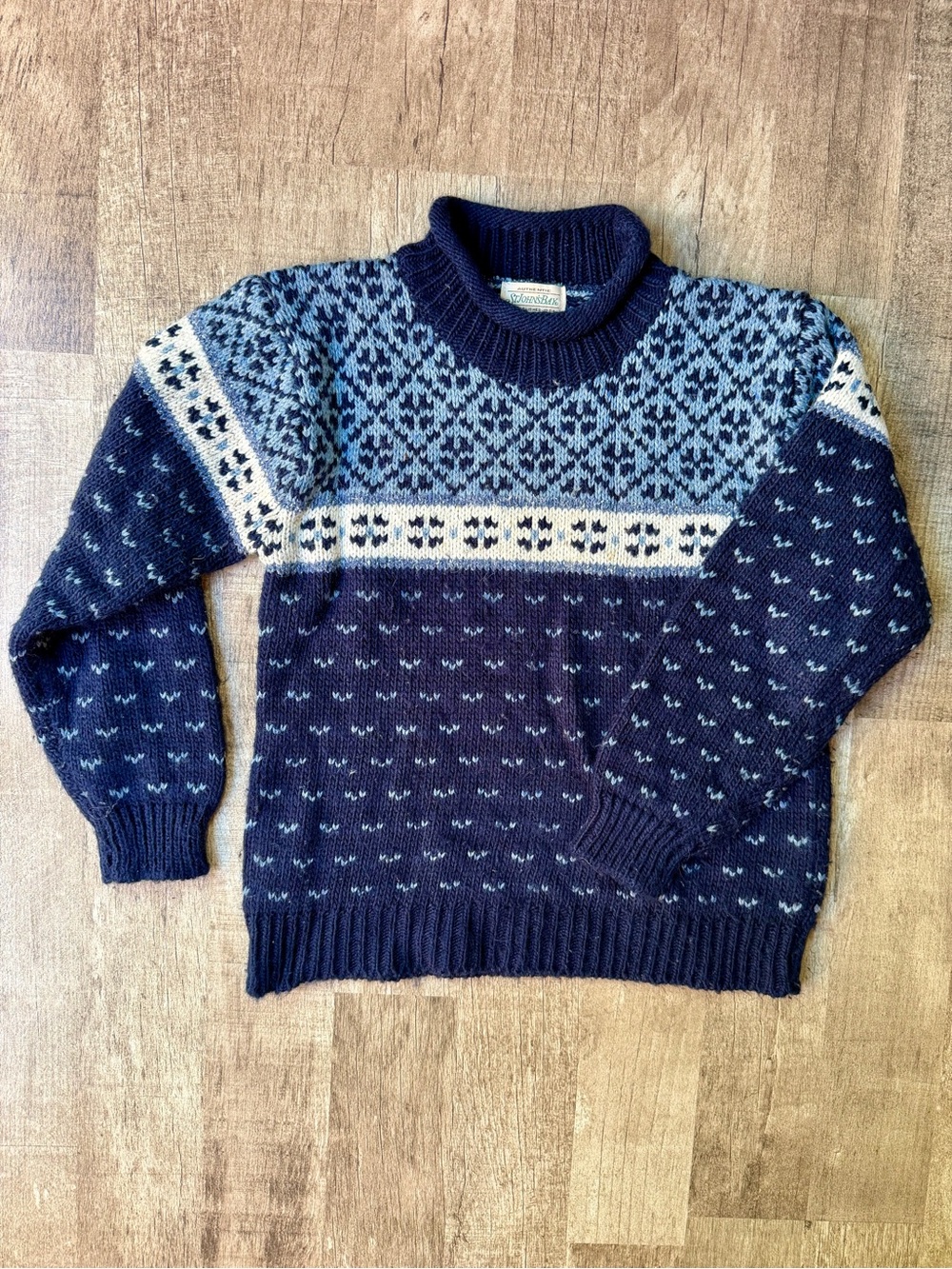 Vintage St John's Bay Navy Blue Fair Isle Wool Blend Mock Neck Sweater